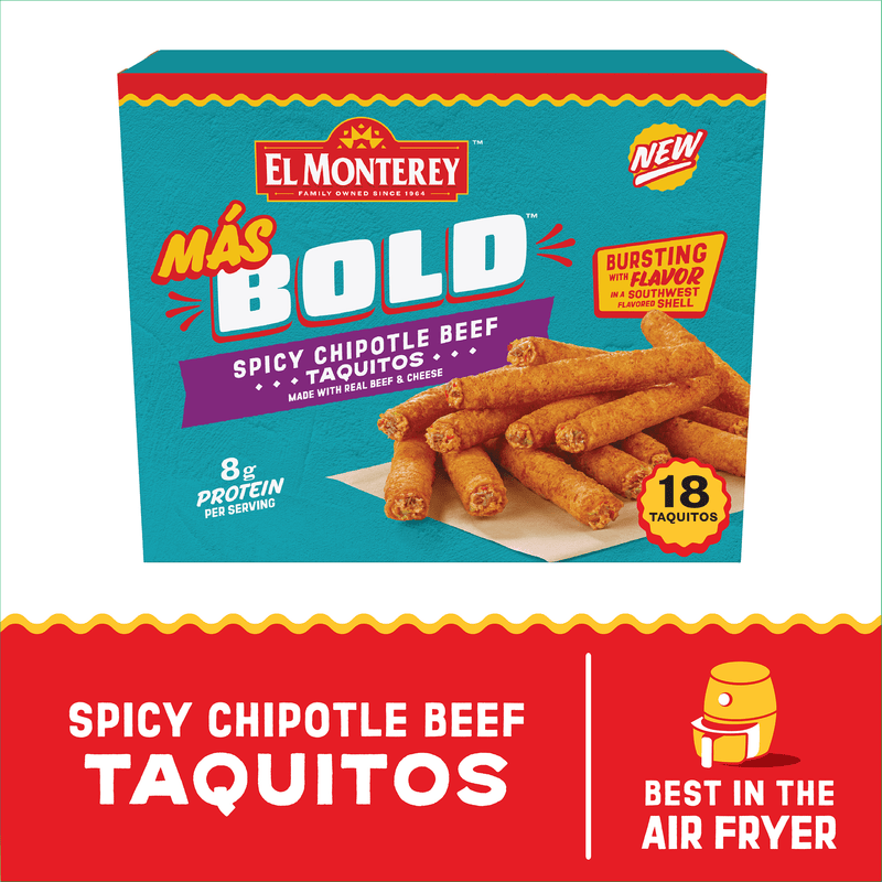 El Monterey Mas Bold Spicy Chipotle Beef Taquitos 20.7 oz, 18 Count (Frozen) — package