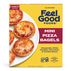 Feel Good Foods Frozen Gluten Free Mini Pizza Bagels Three Cheese, 7 oz