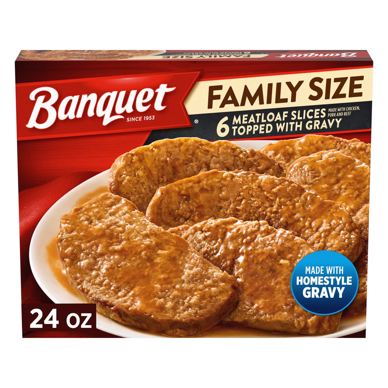 Banquet Family Size Meatloaf Slices Topped with Gravy, 7g Protein per Serving, Frozen Meal, 24 oz. — package