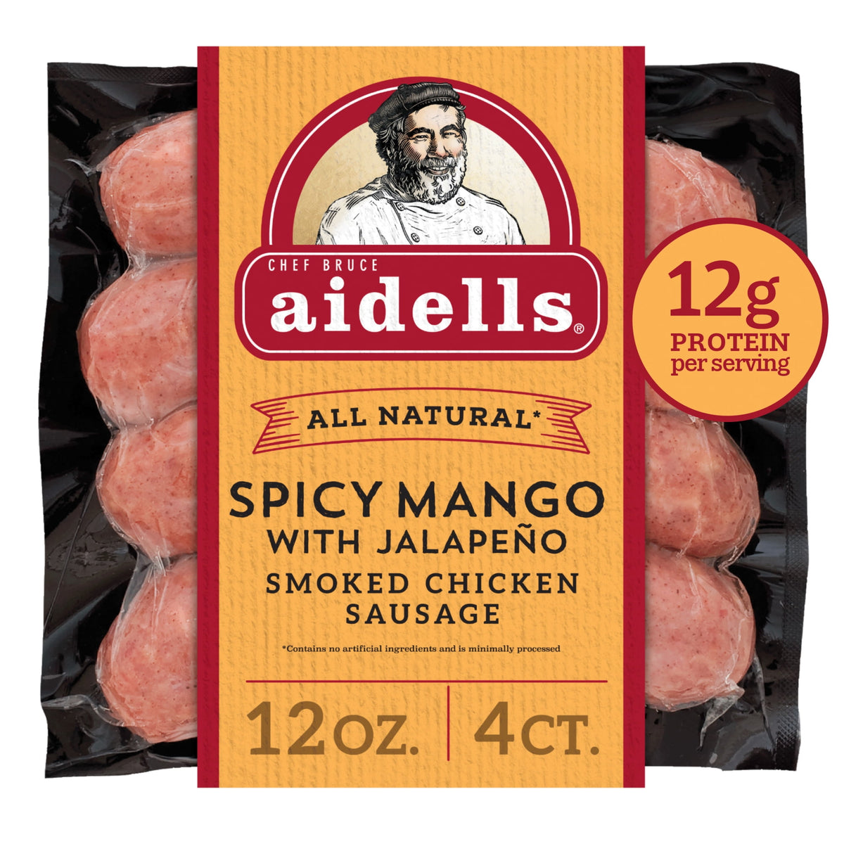 Aidells Refrigerated Smoked Chicken Sausage Links Spicy Mango with Jalapeño, 12 oz, 4 ct