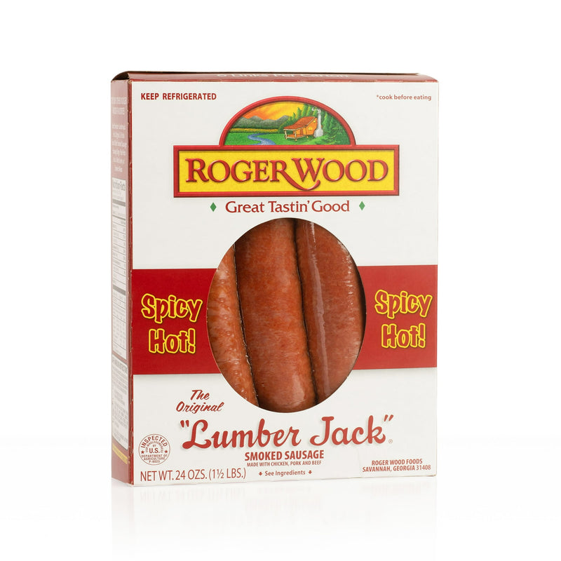 Roger Wood Spicy Hot Lumber Jack Smoked Sausage - Fully Cooked, Gluten-Free, 24 oz — package