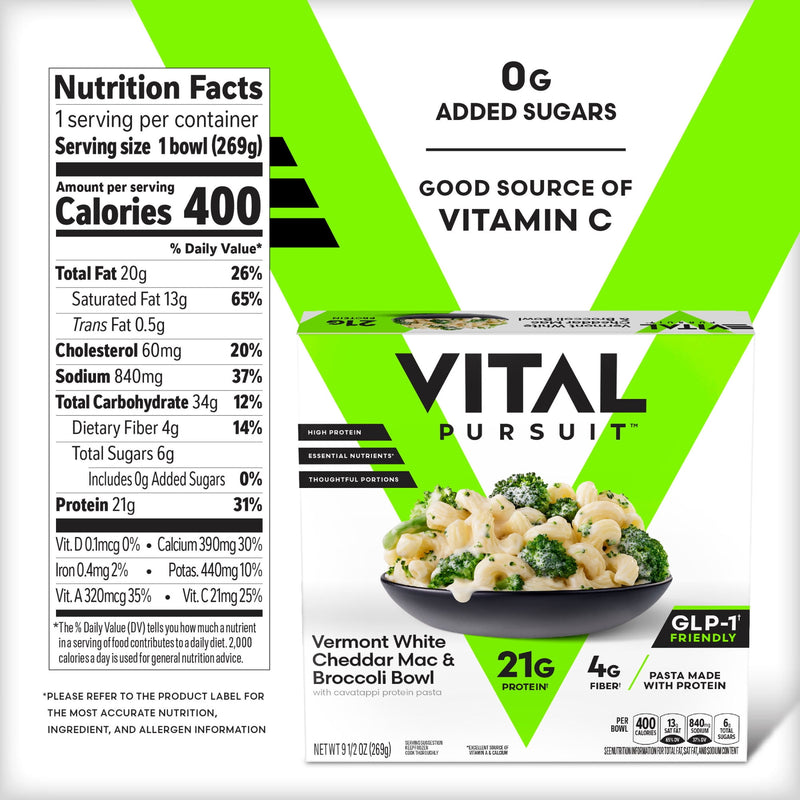 Vital Pursuit White Cheddar Mac & Cheese Broccoli Bowl, High Protein GLP-1 Friendly Frozen Meal, Protein Pasta, 9.5 oz (Frozen) — photo 2