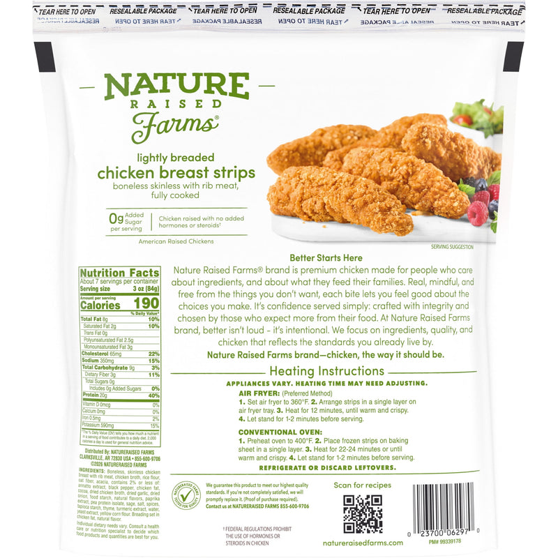Nature Raised Farms No Seed Oils Lightly Breaded Frozen Chicken Breast Strips, 22 oz, 20g Protein per Serving (Fully Cooked) — photo 4