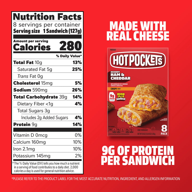 Hot Pockets Hickory Ham and Cheddar, Crispy Buttery Crust Sandwich Snacks, 36 oz, 8 Pack (Frozen) — photo 6