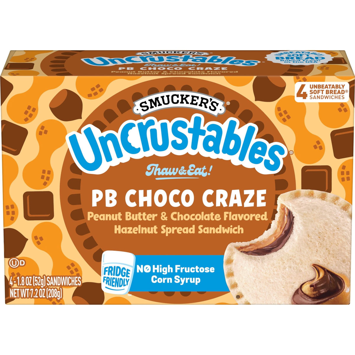 Smucker's Frozen Uncrustables Peanut Butter and Chocolate Flavored Hazelnut Spread Sandwiches, 7.2 oz, 4 ct
