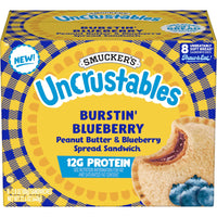 Smucker’s Uncrustables Burstin' Blueberry Morning Protein Snacks, Peanut Butter & Blueberry Spread Sandwiches on Wheat Bread, 8 Count, 2.8 oz Each, Frozen — package