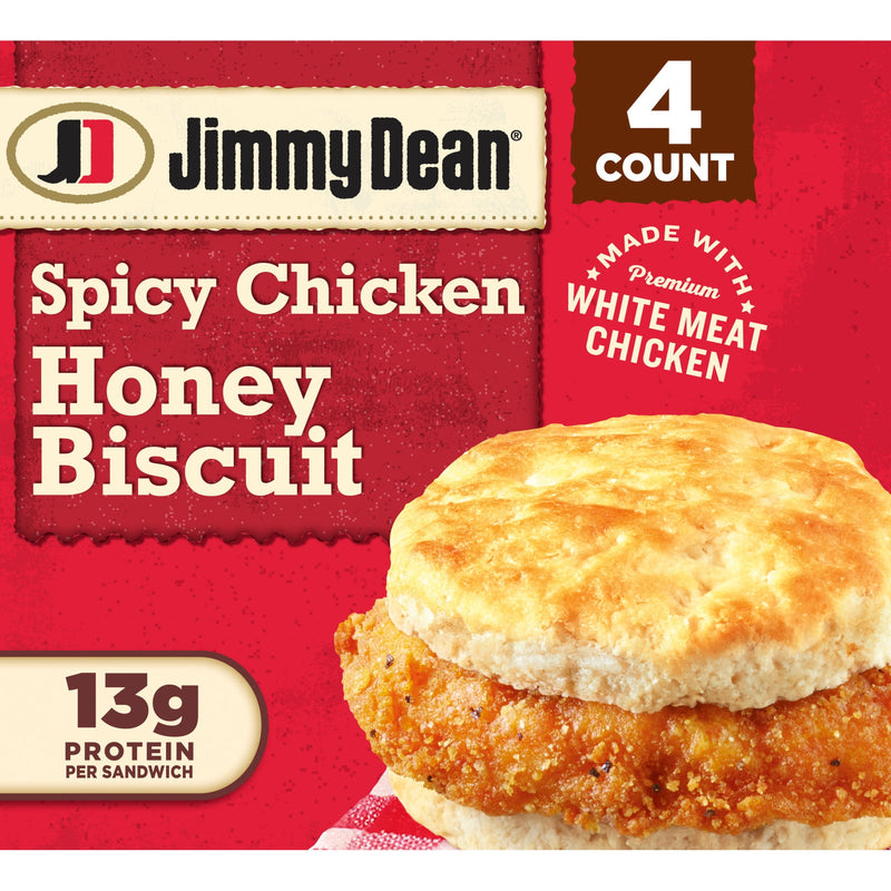 Jimmy Dean Frozen Breakfast Sandwiches, Spicy Crispy Chicken Honey Biscuit, 16.4 oz, 4 Count — package