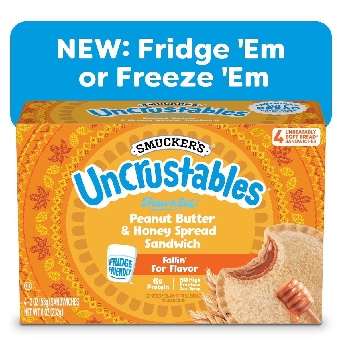 Smucker's Frozen Uncrustables Peanut Butter & Honey Spread Sandwiches, 8 oz, 4 ct