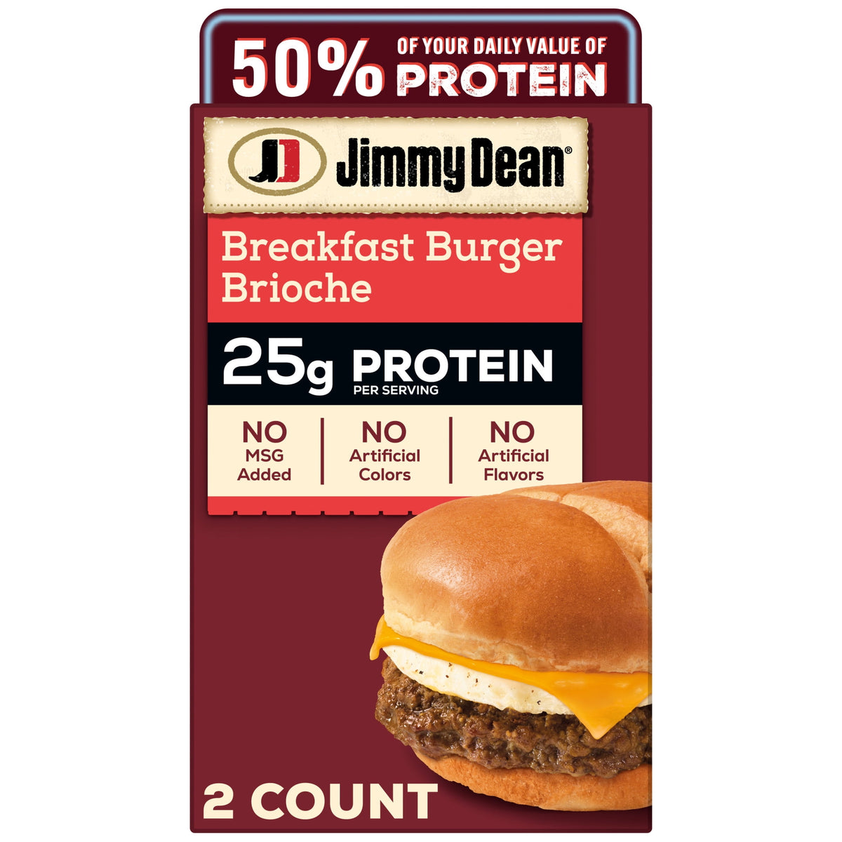 Jimmy Dean Frozen Protein Breakfast Sandwiches Burger, Egg & Cheese Brioche, 12.3 oz, 2 ct