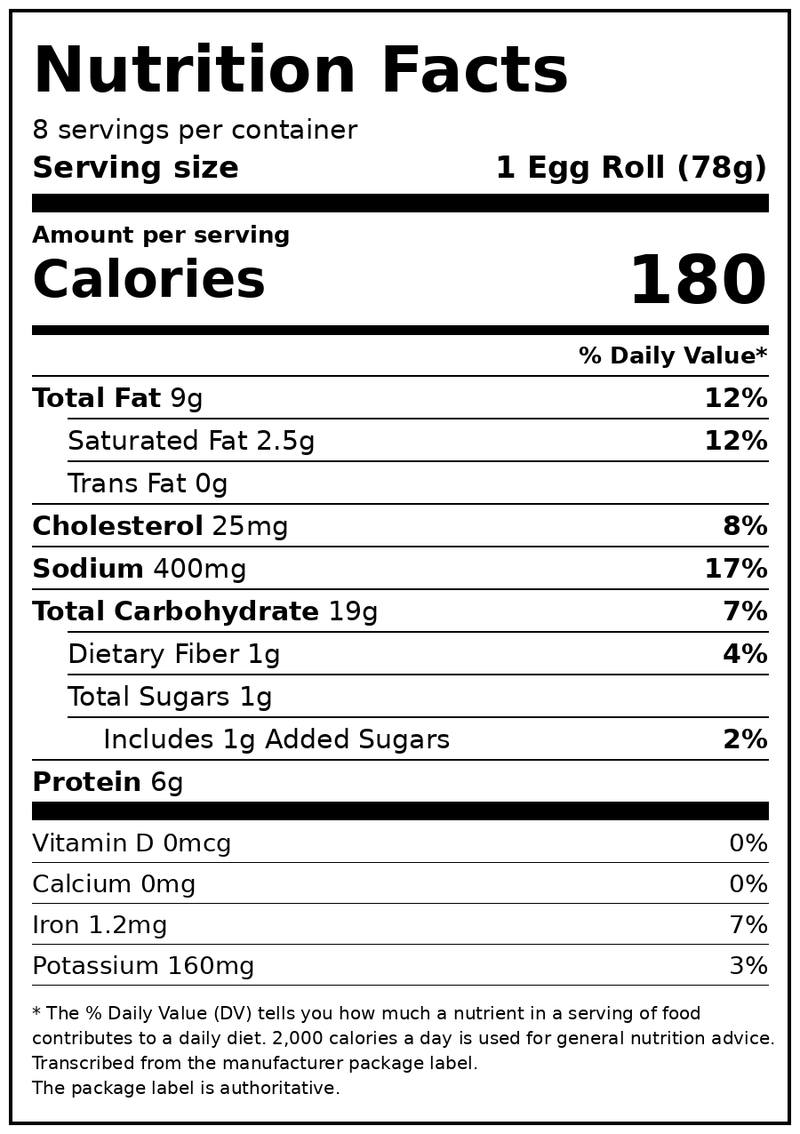 Pagoda Frozen Crunchy Crispy Pork Egg Rolls, 22.0 oz — Nutrition Facts