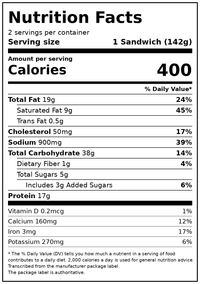 Raybern's Philly Cheesesteak Sandwich 10 oz, 2 Ct (Frozen) — Nutrition Facts