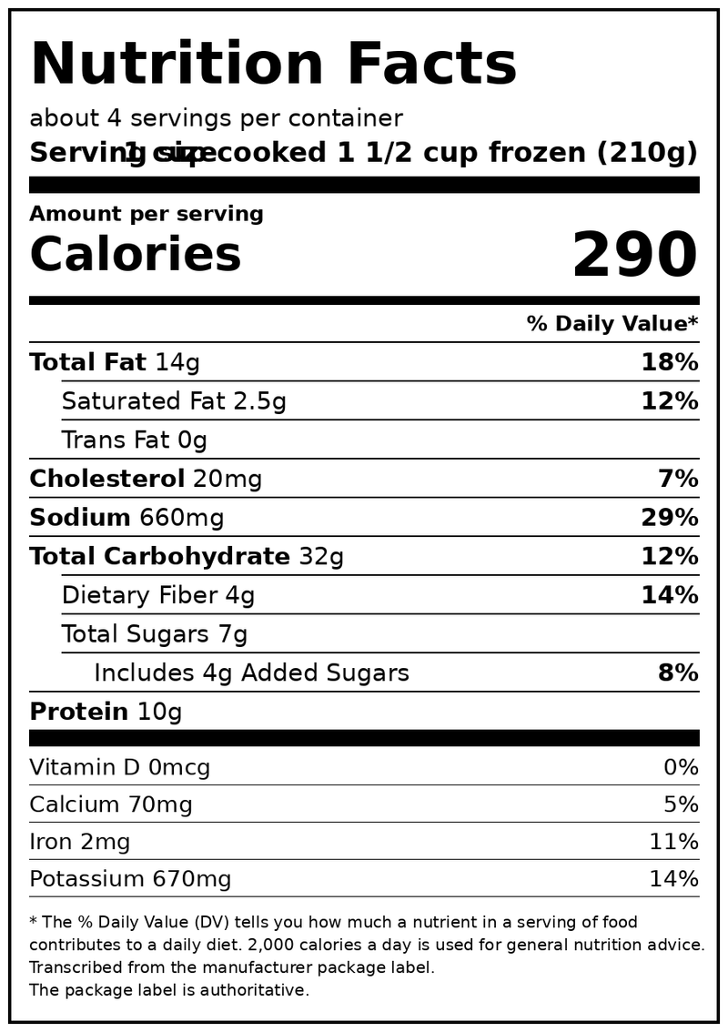 Great Value Honey Mustard Chicken Sheet Pan Meal, 31 oz (Frozen) — Nutrition Facts