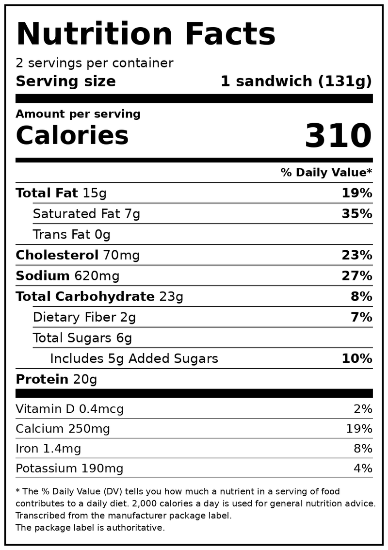 Kodiak Protein-Packed Frozen Breakfast Sandwiches, Bacon and Colby Jack, 2 Count, 9.24 oz — Nutrition Facts