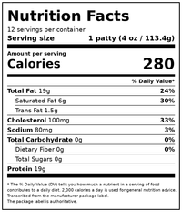 Great Value 100% Pure Beef Burgers, 85% Lean/15% Fat, 3 lbs, 12 Count (Frozen) — Nutrition Facts