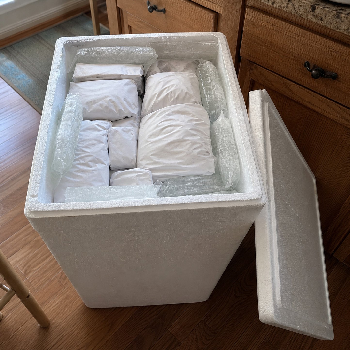 The Freezer Stock-Up XL cooler packed with a month of frozen food and 12 gel packs