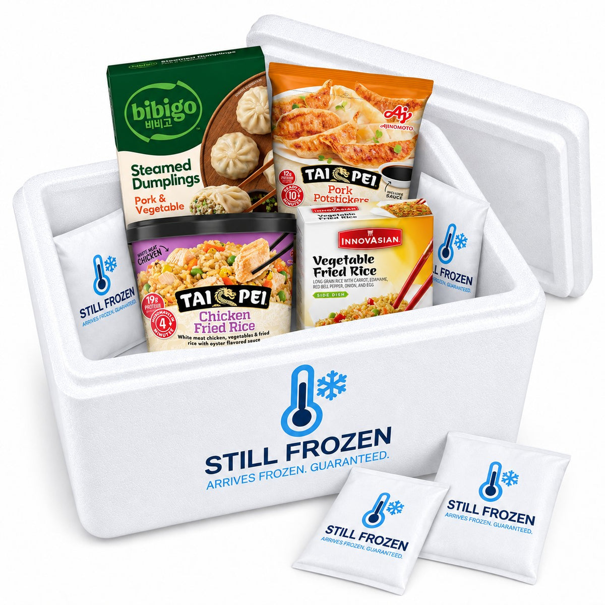 The Asian Takeout Night Box · Cooler S in a Still Frozen foam cooler with gel packs