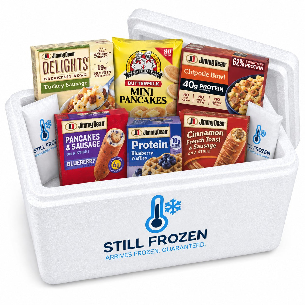 The Bowls & Waffles Box — Jimmy Dean & De Wafelbakkers · Cooler M in a Still Frozen foam cooler with gel packs