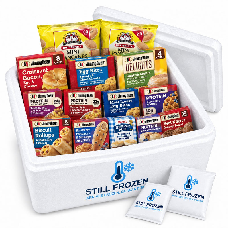 The Breakfast Box — Jimmy Dean & De Wafelbakkers · Cooler XL in a Still Frozen foam cooler with gel packs