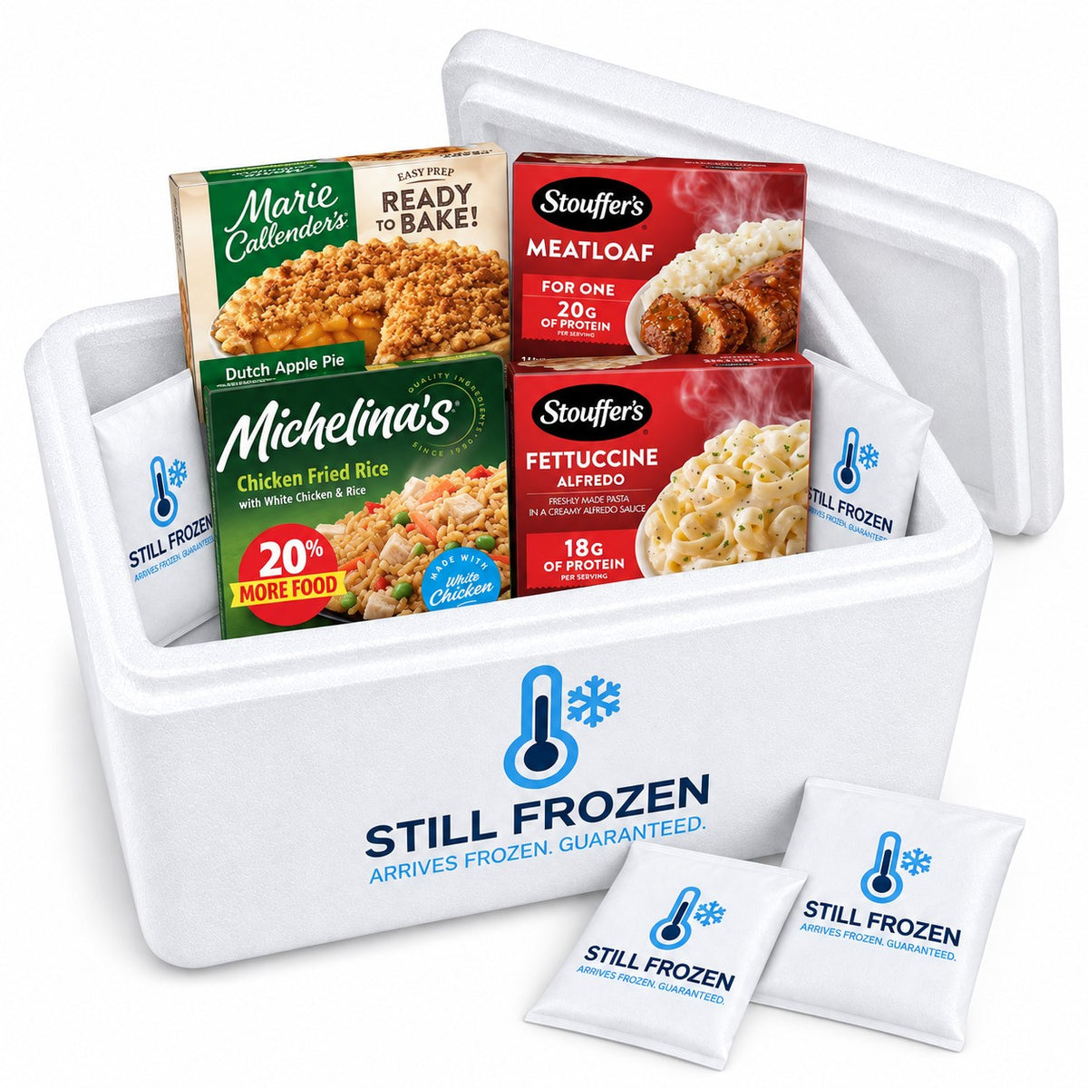 The Comfort Food Box · Cooler M in a Still Frozen foam cooler with gel packs