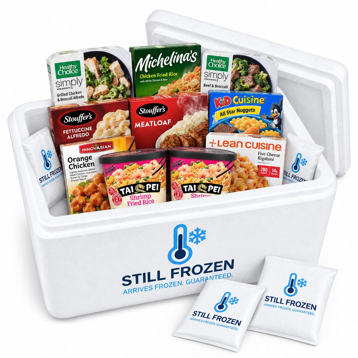 The Easy Dinners Box — Stouffer's & Healthy Choice · Cooler L in a Still Frozen foam cooler with gel packs