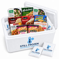 The Easy Dinners Box — Stouffer's & Healthy Choice · Cooler L in a Still Frozen foam cooler with gel packs