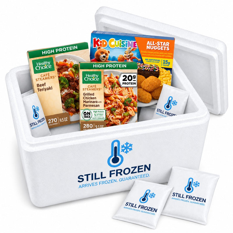 The High-Protein Meals Box · Cooler S in a Still Frozen foam cooler with gel packs
