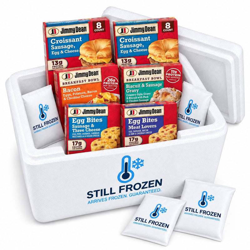 The Jimmy Dean Breakfast Box · Cooler L in a Still Frozen foam cooler with gel packs