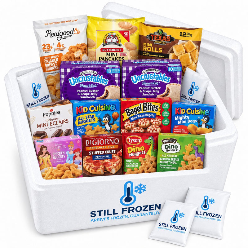 The Kids' Favorites Box · Cooler XL in a Still Frozen foam cooler with gel packs