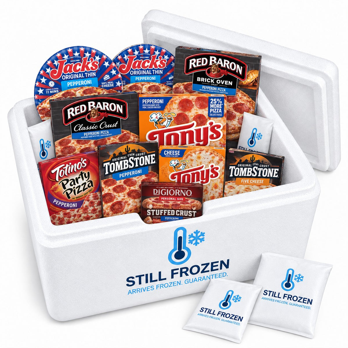 The Pizza Night Box · Cooler XL in a Still Frozen foam cooler with gel packs