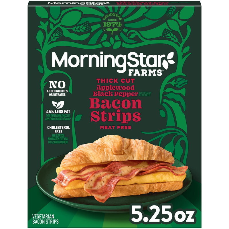 MorningStar Farms Applewood Black Pepper Meat Free Thick Cut Bacon Strips, Vegetarian, 5.25 oz Box — package