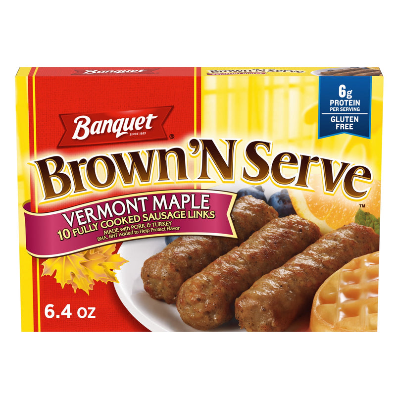 Banquet Brown'N Serve Vermont Maple Fully Cooked Sausage Links, 6g Protein per Serving, Frozen Breakfast, 6.4 oz. — package