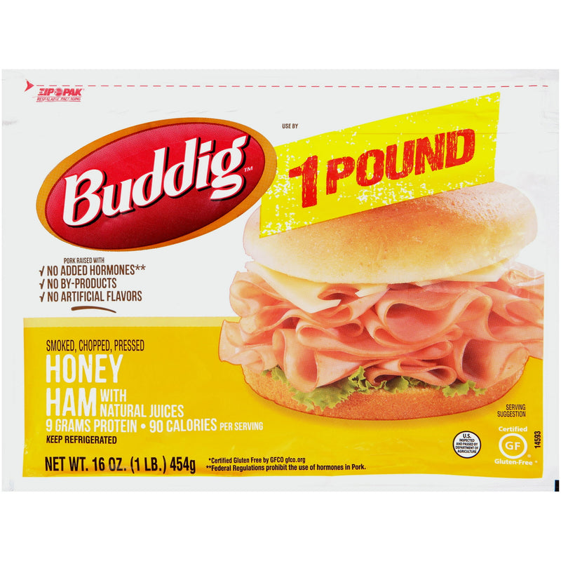 Buddig Original Honey Ham Lunchmeat, Resealable Plastic Pouch 16 oz, 9G of Protein per Serving, Refrigerated — package