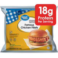 Great Value Famous Chicken Fillet, Ready to Cook Breaded Chicken Fillets, 18g Protein Per Serving, 3 lb (Frozen) — package