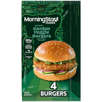 MorningStar Farms Savory Plant Based Garden Veggie Burgers, Vegan, 9.5 oz, 4 Count (Frozen), Regular — package