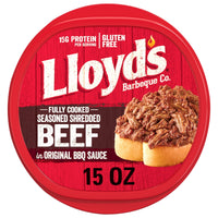 LLOYD'S Seasoned and Shredded Beef in Original BBQ Sauce, 15 grams Protein per Serving, Refrigerated, 15 oz Plastic Tub — package