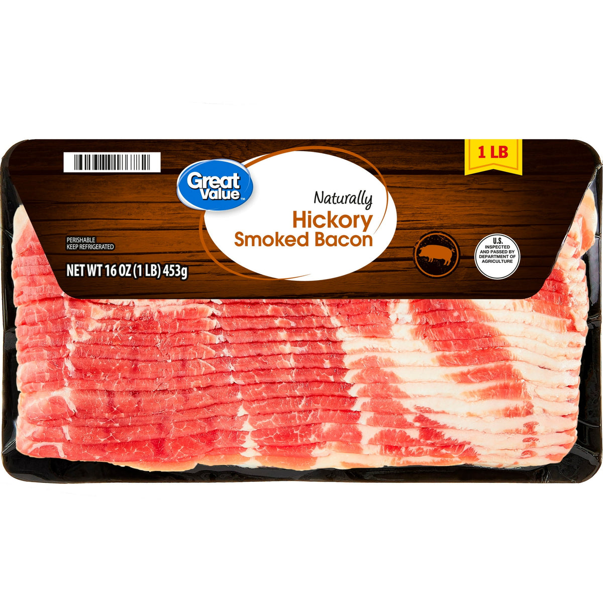 Great Value Refrigerated Naturally Hickory Smoked Sliced Bacon, 16 oz