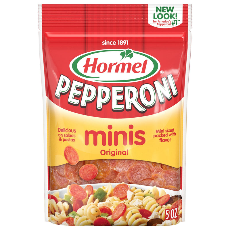 HORMEL Pepperoni Mini Slices, Pizza Topping, Gluten Free, Refrigerated, 5 oz Plastic Package — package