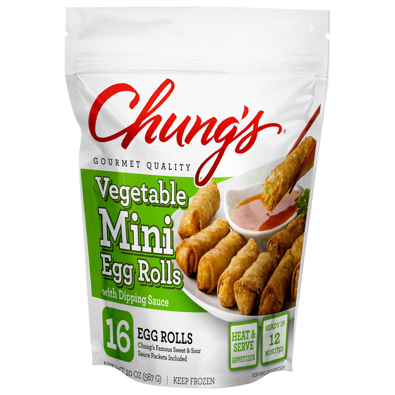 Chung's Mini Chicken Egg Rolls with Sweet and Sour Sauce, Frozen, 16 Count, 20 oz — package