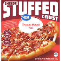 Great Value Stuffed Crust 3 Meat Pizza, Tomato Basil Garlic Sauce, 23.75 oz (Frozen) — package