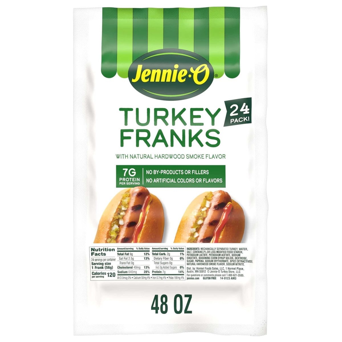 JENNIE-O TURKEY STORE Refrigerated Turkey Hot Dogs, 48 oz, 24 ct