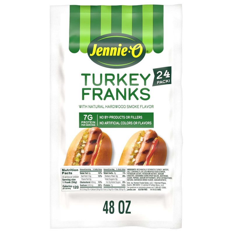 JENNIE-O Turkey Hot Dogs, *40% Less Fat, Refrigerated, 3 lb Plastic Package (24 Turkey Hot Dogs) — package