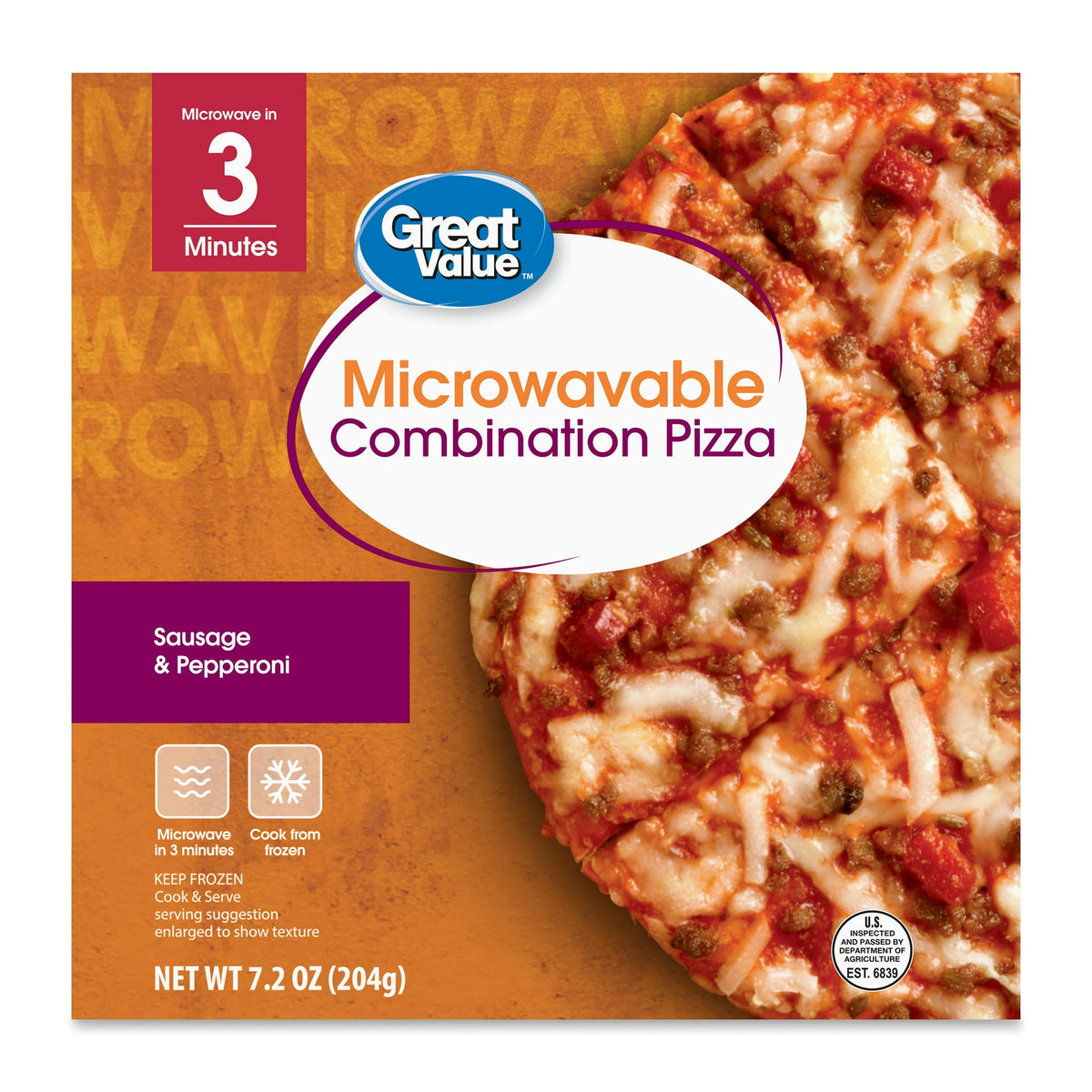 Great Value Frozen Microwavable Pizza Sausage & Pepperoni Combination, 7.2 oz