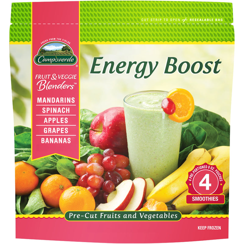 Campoverde Frozen Fruit & Veggie Smoothie Mix, Energy Boost, 32 oz, 4 Portioned Packs, No Added Sugar, Plant-Based — package
