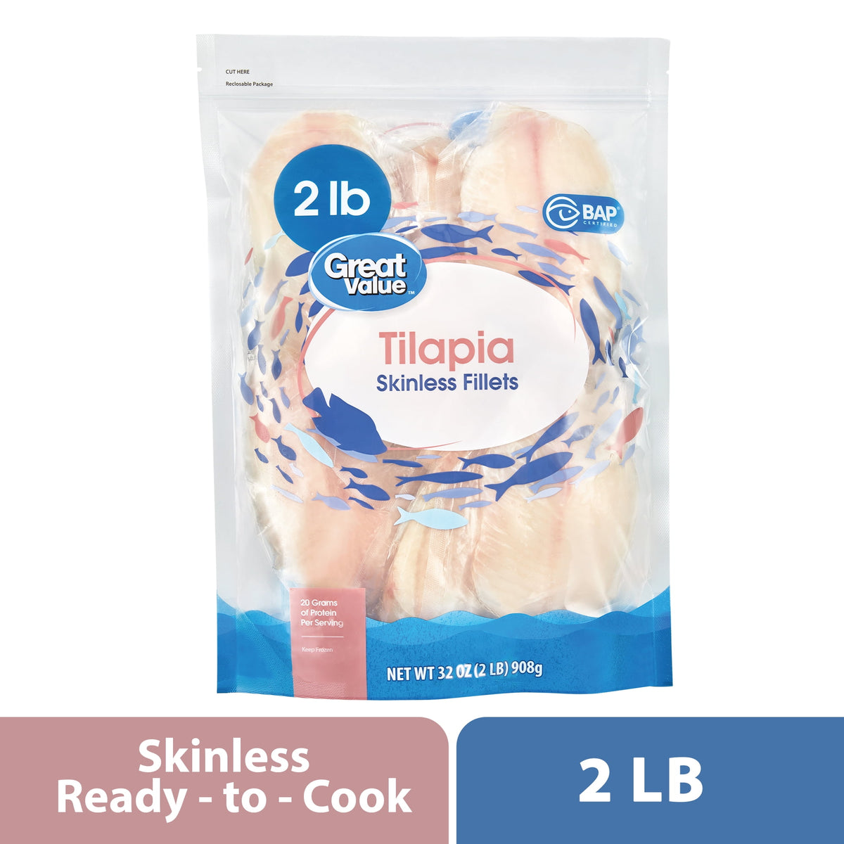 Great Value Frozen Tilapia Skinless & Boneless Fillets, 2 lbs