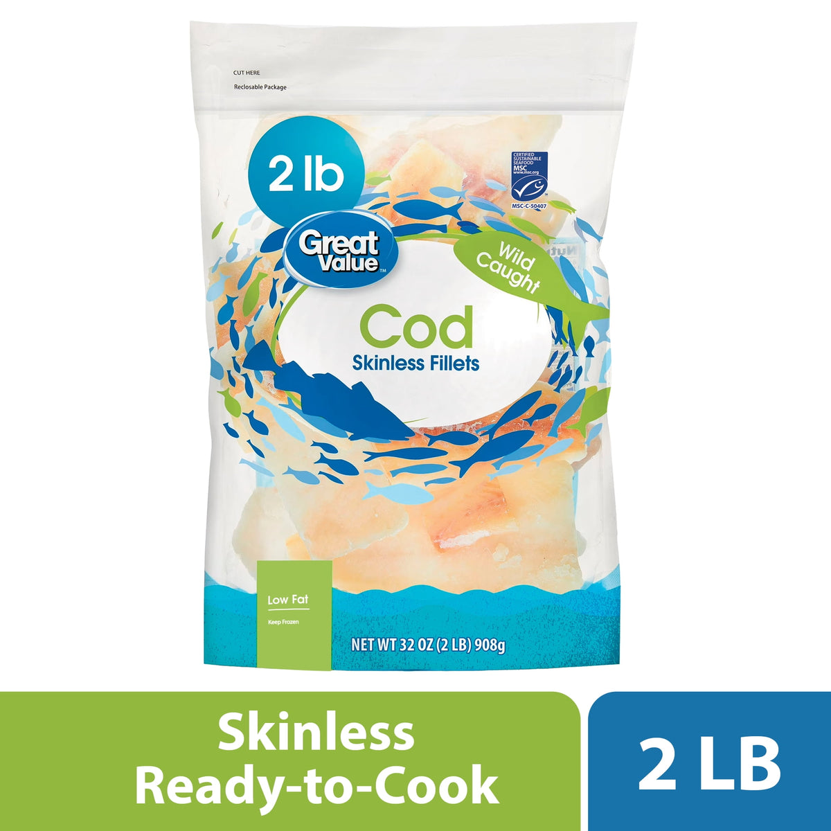 Great Value Frozen Wild Caught Skinless Cod Fillets, 2 lbs