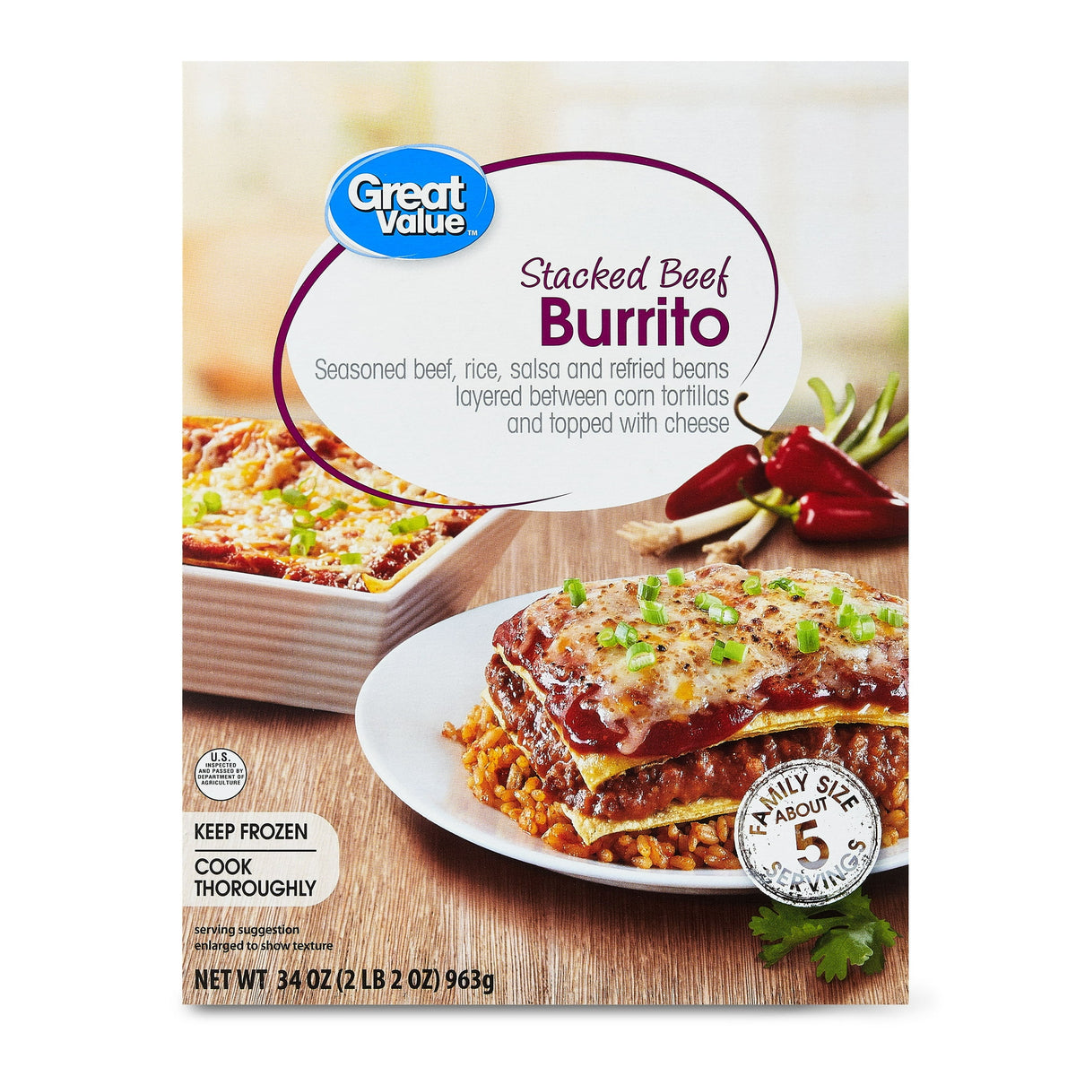 Great Value Frozen Stacked Beef Burrito, 34 oz