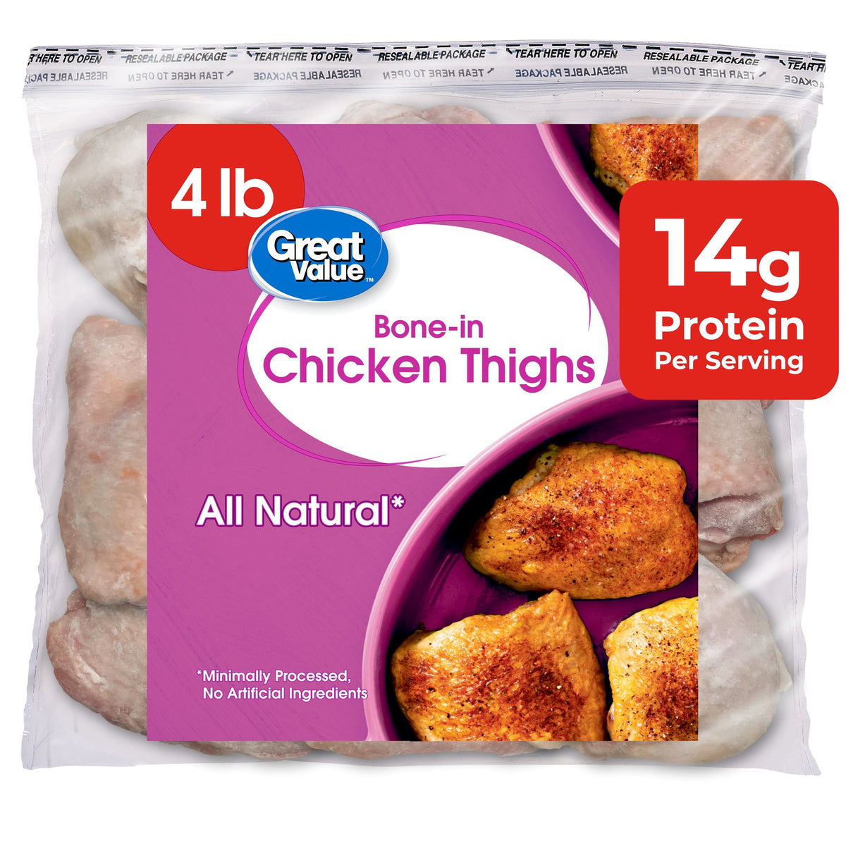 Great Value Frozen Skin-on Chicken Thighs, 4 lbs