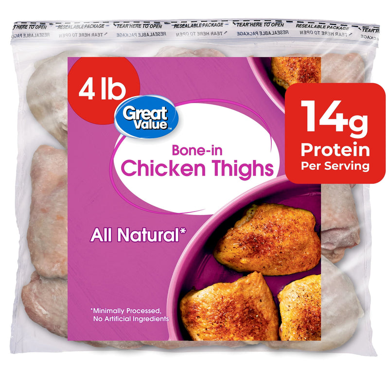 Great Value All Natural Skin-on Chicken Thighs, 4 lb (Frozen) — package