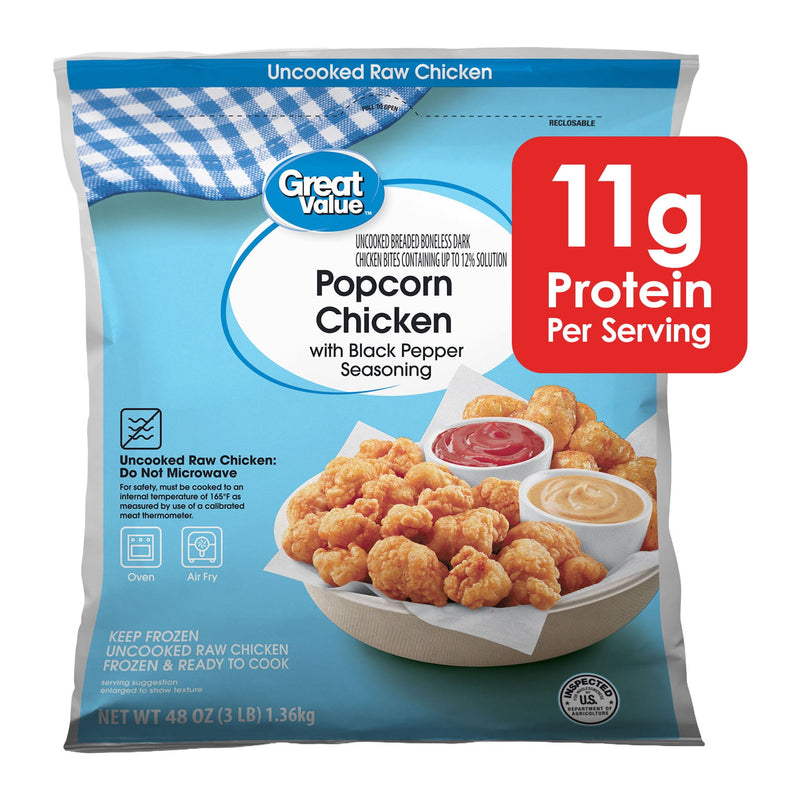 Great Value Black Pepper Popcorn, Ready to Cook Popcorn Chicken, 11g Protein, 3 lb (Frozen) — package