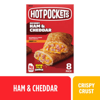 Hot Pockets Hickory Ham and Cheddar, Crispy Buttery Crust Sandwich Snacks, 36 oz, 8 Pack (Frozen) — package